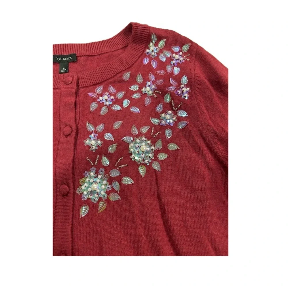Talbots Womens Embellished Crewneck Cardigan Berry Red Floral Beaded Sweater M - Picture 6 of 6